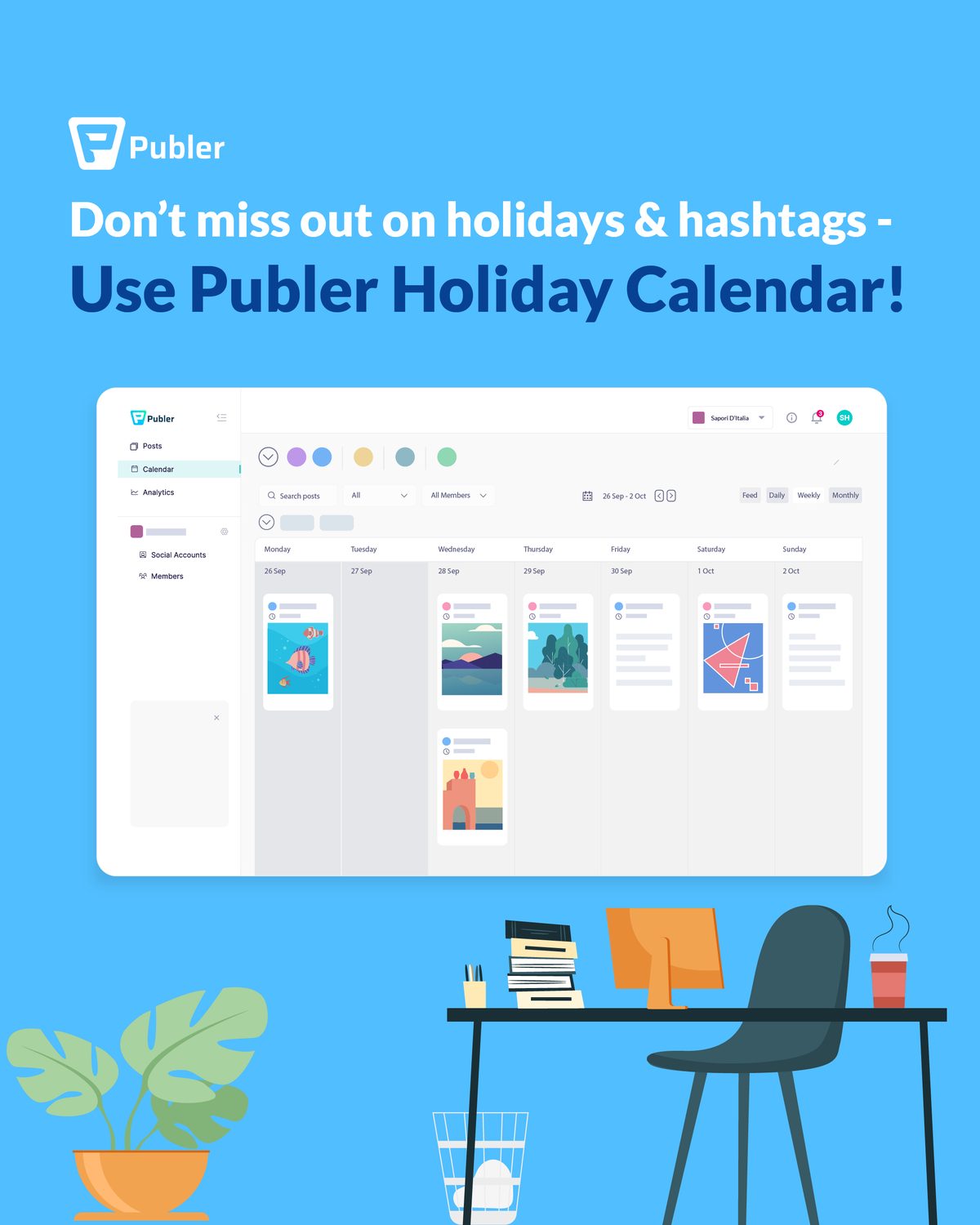 Publer calendar view for scheduling social media posts