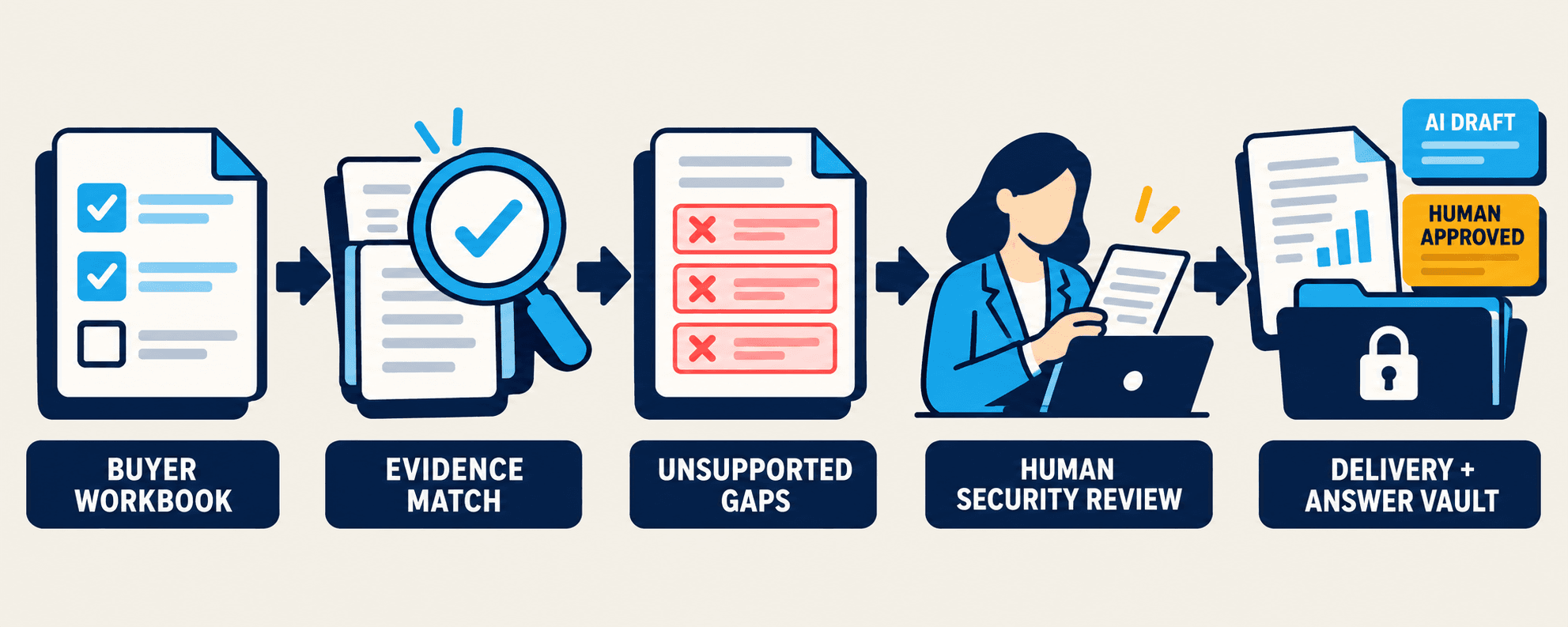 DealProof Desk workflow from buyer workbook through evidence matching and human review to delivery