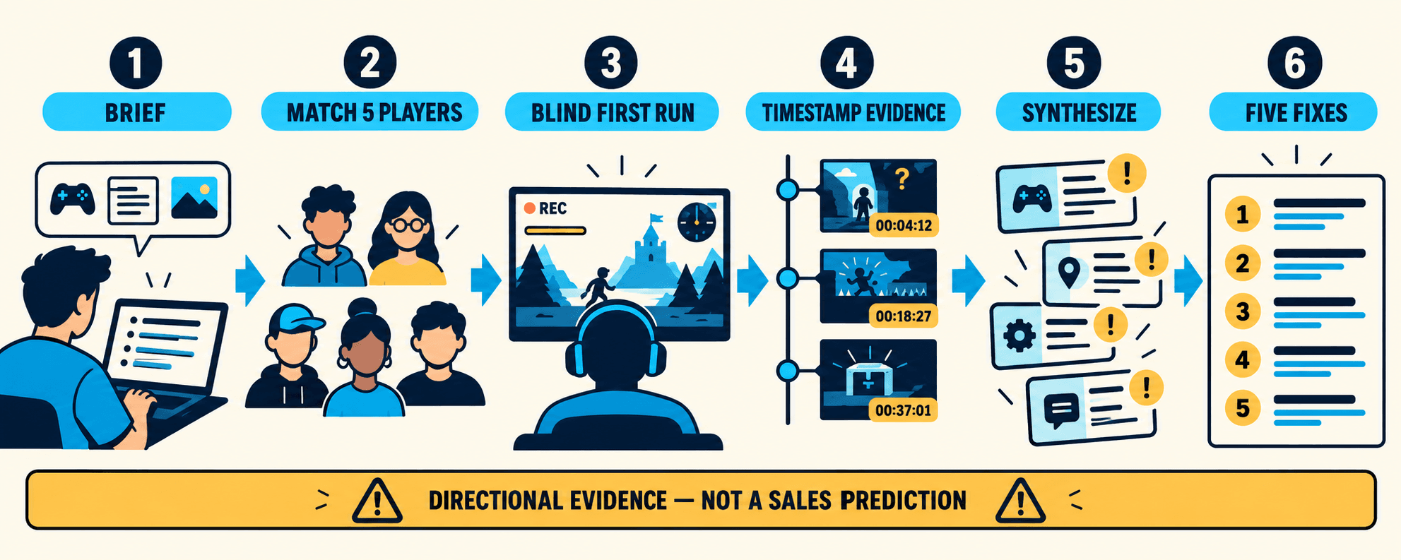 FirstRun workflow from developer brief through five matched players, timestamped evidence and five prioritized fixes