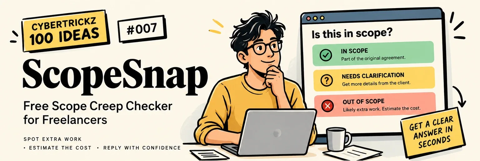ScopeSnap free scope creep checker for freelancers: a client request sorted into in scope, needs clarification or out of scope